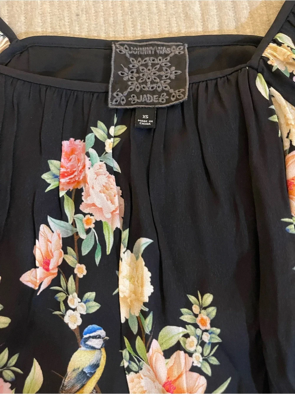 Johnny Was Jade Byrdie Viscose Floral Bird Blouse Black XS Puff Sleeve Boho - Picture 3 of 4